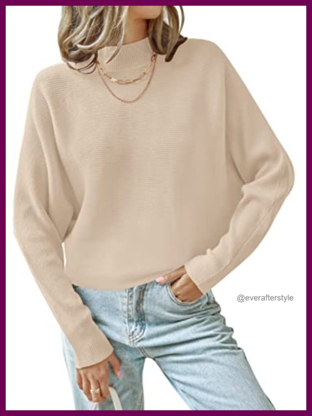 Turtleneck Long Batwing Sleeve Ribbed Knit Pullover Sweater